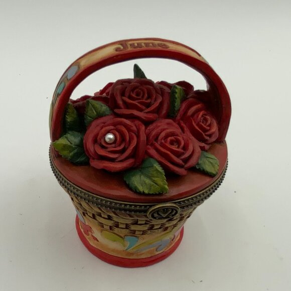 JIM SHORE JUNE BIRTH MONTH ROSE PEARL FLOWER BASKET TRINKET BOX - Picture 3 of 8